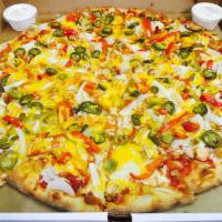 Chicken Fajita Pizza · Mild salsa, grilled chicken, onions, peppers, jalapenos and topped with cheddar and mozzarel...