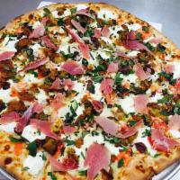 Mia's Special Pizza · Tomato sauce, pepperoni, sausage, hamburger, bacon, mushrooms, green peppers, onions, black ...