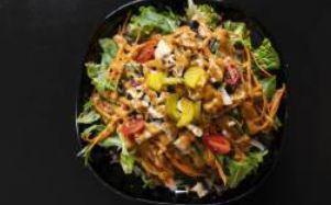 Asian Mandarin Salad · Acadian lettuce mix, shredded carrot, cherry tomatoes, organic raisin, roasted white sesame ...