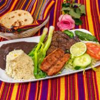 Carne Asada Sirloin · Steak and grilled onions, served with rice, beans, salad and 3 corn tortillas.