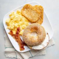 Finagle Scrambled Breakfast Plate · Scrambled eggs, bacon, hash browns, and your favorite bagel with cream cheese.