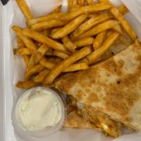 Chicken Quesadillas · Grilled flour tortilla stuffed with chicken, cheddar and mozzarella cheese. Sour cream and s...