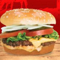 Angus Beef Burger · 1/3 lb. Patty, house sauce, leaf lettuce, Roma tomato, pickles, shaved onions, and American ...