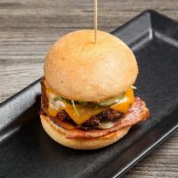 Bacon Cheddar Burger · crispy bacon • cheddar cheese •
grilled onion • pickles • mayo •
arugula