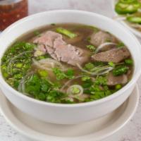 Rare Steak and Meatball Pho · Served with bean sprouts, cilantro, jalapenos and lime.