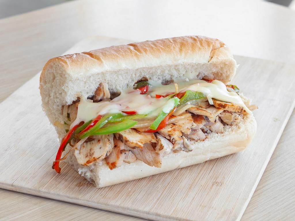 Chicken Philly Sandwich · Hot. Grilled chicken breast, grilled onions and peppers, white american, and salt and pepper.