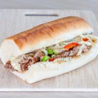 Traditional Philly Cheese Steak Sandwich · Hot. Sirloin, grilled onion and peppers, white American, salt and pepper.