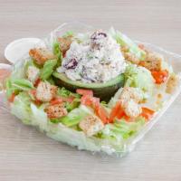 Avocado Chicken Salad · Homemade chicken salad, avocado, tomatoes, croutons, and iceberg.