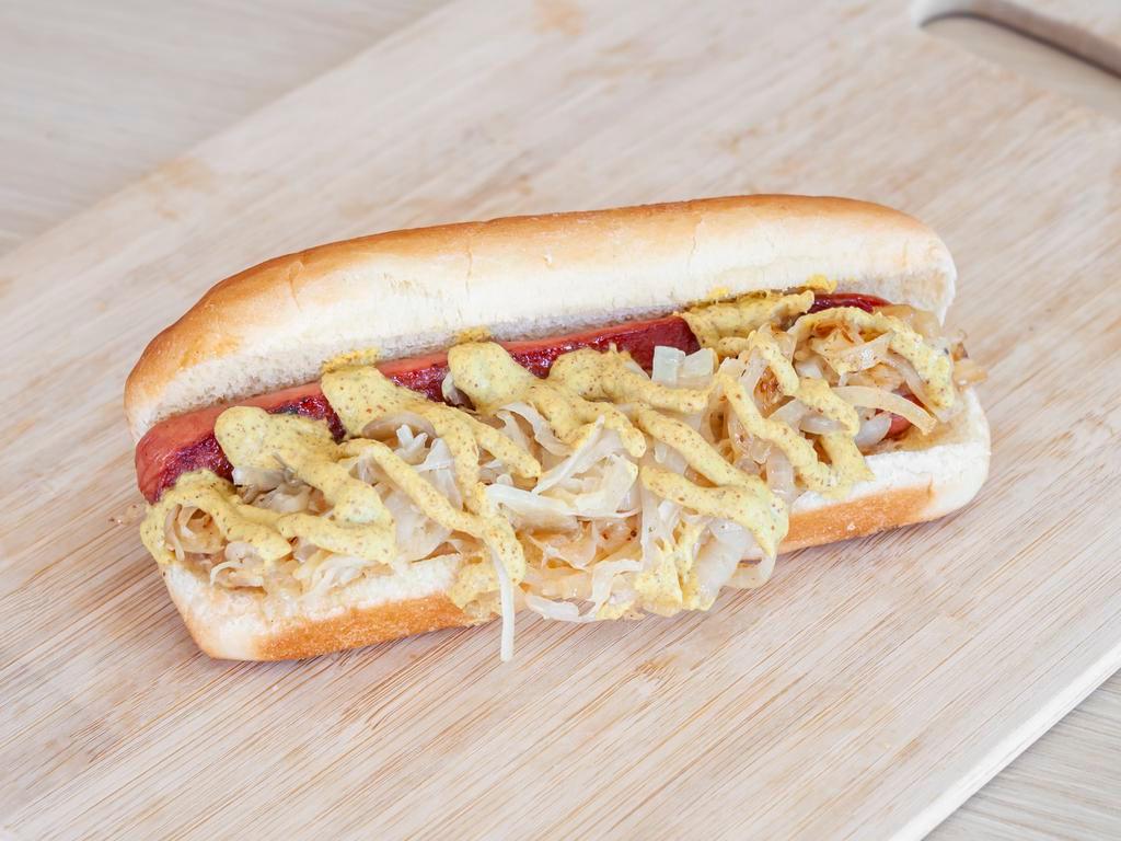 Coney Dog · Hot dog, sauerkraut, onions, spicy mustard hot dog bun.