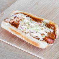 Chili Slaw Dog · Hot dog, chili and coleslaw hot dog bun.
