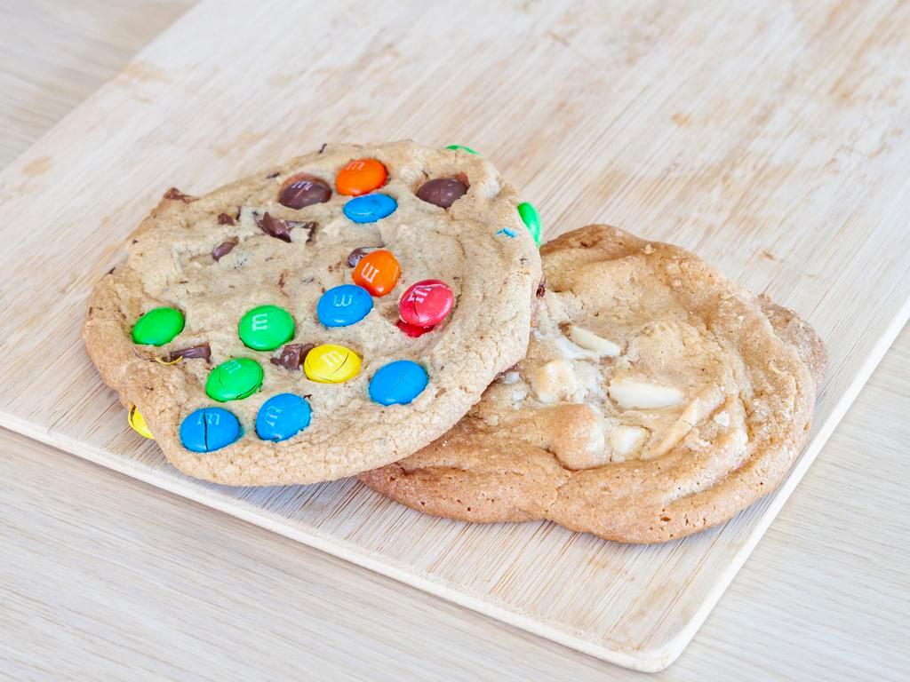  Assorted Cookies · Choose from White chocolate chip macadamia nut, Chocolate chip M & M, or Chocolate Chip peanut butter.