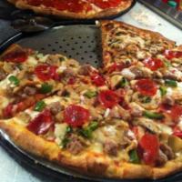 Supreme Pizza · Pizza sauce, mozzarella, pepperoni, sausage, green peppers, onions, olives and mushrooms.