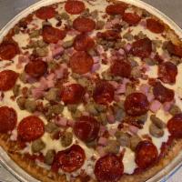 All Meat Pizza · Pizza sauce, mozzarella, pepperoni, sausage, ham and meatball.