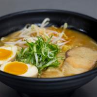Shoyu Ramen · Pork bone broth flavored with house soy mix, topped with chashu, seasoned egg, bean sprouts,...