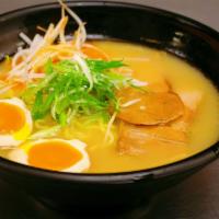 Shio Ramen · Pork bone broth flavored with mixed sea salt, topped with chashu, seasoned egg, bean sprouts...