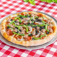 North Beach Pizza · Pepperoni, bell peppers, sausage, black olives, mushrooms and red onions.
