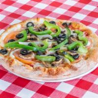 Vegetarian Pizza · Tomato, bell peppers, black olive, mushrooms and red onions.