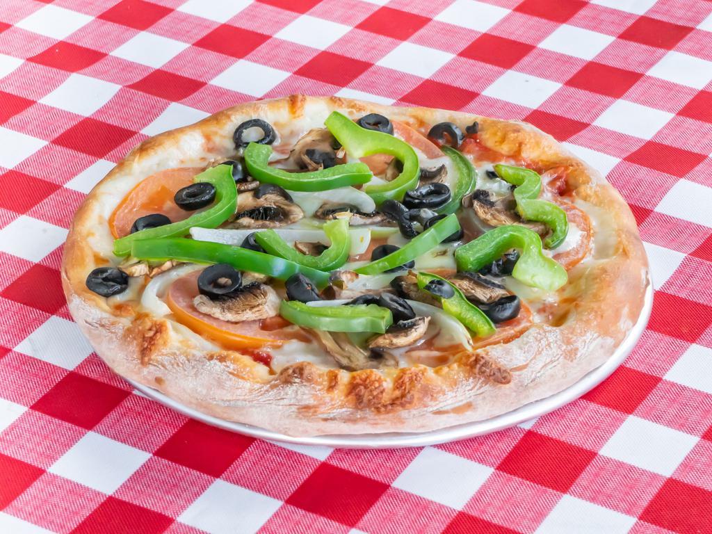 Vegetarian Pizza · Tomato, bell peppers, black olive, mushrooms and red onions.