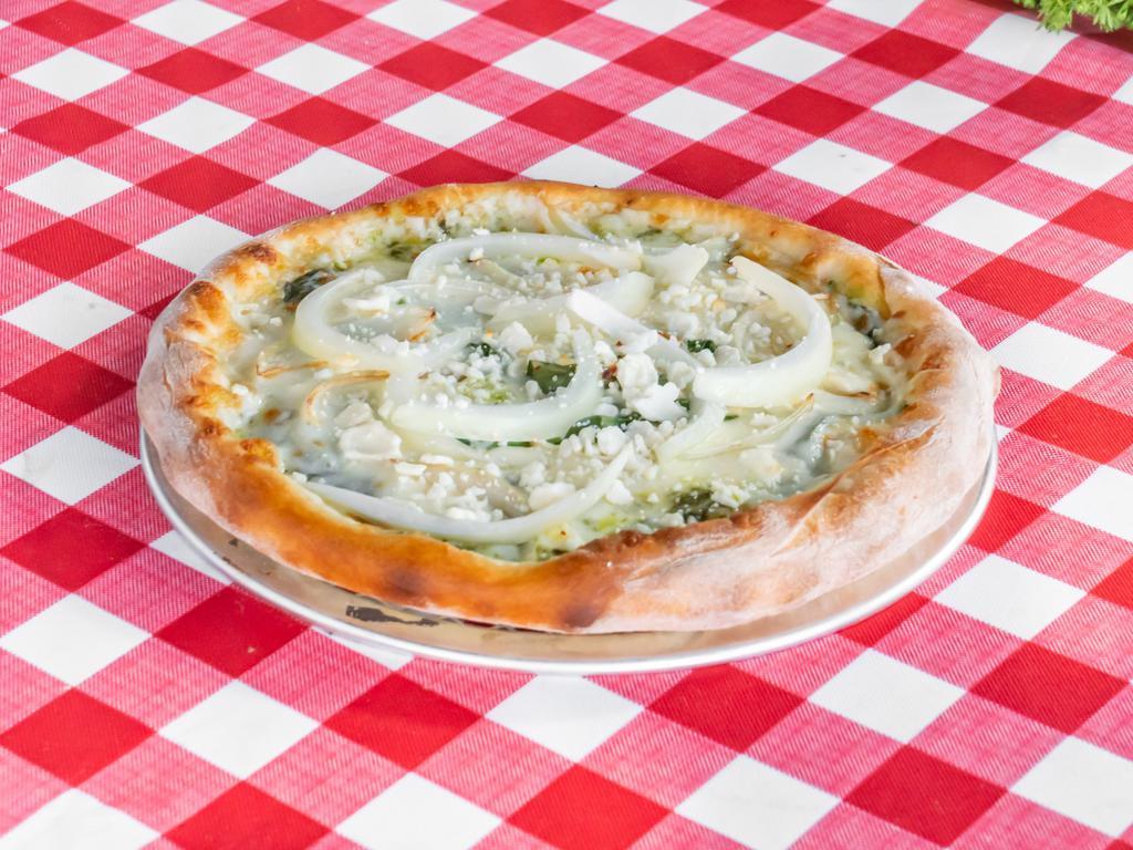 Verdi Pizza · Pesto sauce (no tomato sauce), spinach, red onions and feta cheese.