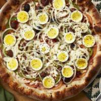Portuguesa · Pizza sauce, mozzarella, ham, tomato, black olives, green peppers, bacon, onions, boiled egg...