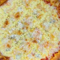 Quatro Queijos · Pizza sauce, mozzarella, Gorgonzola, Parmesan, Catupiry and oregano.