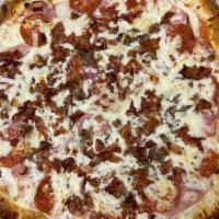 Meat Lovers · Pizza Sauce, mozzarella, ham, bacon, italian sausage, pepperoni and oregano.