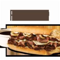 French Dip Sub · Prime rib, all natural mozzarella, roasted bell peppers and onions and mild peppercorn sauce...