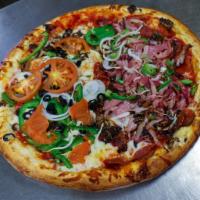 Special Specialty Pizza · Cheese, pepperoni, ham, mushroom, green pepper, onion, and bacon.