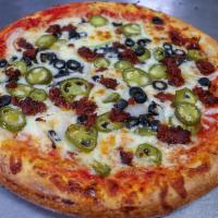 Mexican Specialty Pizza · Mozzarella, cheddar, olive, chorizo, jalapenos, onion, and tomato.