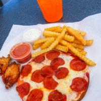 Kids Mini Pizza with 2 Toppings, 2 Wings, Fries & A Drink · 
