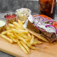 SPECIAL - Gyros Sandwich w/ Fries, Drink & Side · Delicious marinated Gyros sandwich special include french fries, cole-slaw, and a medium dri...
