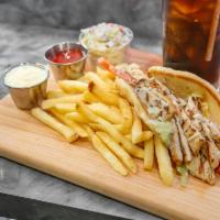 SPECIAL - Chicken Pita w/ Fries, Drink & Side · A top choice CHICKEN PITA sandwich! Special includes french fries, cole-slaw, and a medium d...