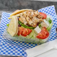Chicken Breast Salad · Our delicious chicken breast on a bed of Lettuce, Tomato, Cucumber, Green Pepper, Kalamata O...