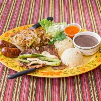 Churrasquera Delicias Combo Platter · Serves 2 people.  2 carnes asadas 4 ounces grilled steak, 2 pork chops or 2  chicken breast,...