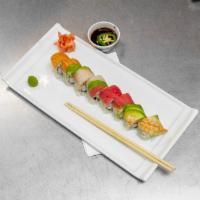 Rainbow Roll · salmon, tuna, red snapper, shrimp, avocado on top + imitation crab, avocado, cucumbers inside