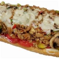 #9. CHICKEN CHEESE STEAK WORKS · Grilled Chicken, American Cheese, Grilled Onions, Green Peppers, Sweet Peppers, Mushrooms, T...