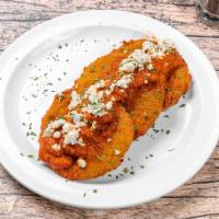 Fried Green Tomatoes · Sliced and dredged in seasoned panko, fried crispy; topped with bleu cheese crumbles and our...