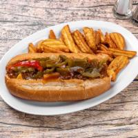 Chi-raq (Chicago style) steak sandwich · Succulent steak and onions chopped in our own signature steak sauce on a hoagie roll with am...