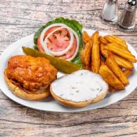 Bottleship Sandwich · Chicken breast battered and fried crispy, tossed in your favorite wing sauce on a toasted br...