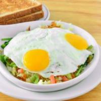 Tricolor Skillet · 2 egg skillet prepared over hash browns. Served with your choice of toast or pancakes. Tomat...