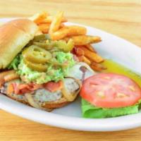 Dos Sabores Hamburger · Topped with grilled onions, jalapenos, pepper jack cheese, bacon and guacamole. Served with ...