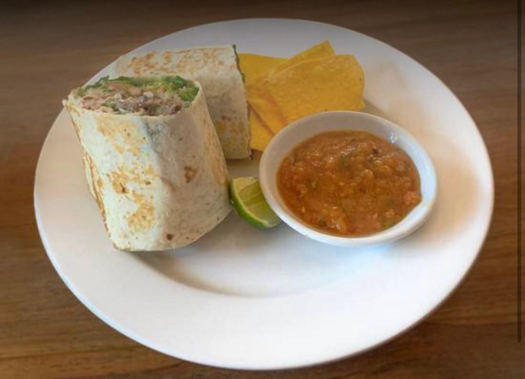 Carnitas Burrito · Comes with rice, beans, onions, cilantro, hot sauce, guacamole, and cheese.
