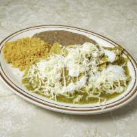Chilaquiles · Crispy corn tortilla chips topped with red or green salsa.