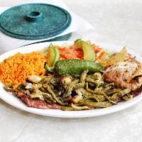 Carne Asada con Nopales · Grilled steak with Mexican edible cactus on top.