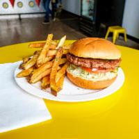 Vegan Burger · Brioche, lettuce, tomato, onion pickles, and just mayo.