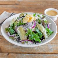 22nd Street Greek Salad · Spring mix and romaine lettuce, feta cheese crumbles, whole black olives, artichoke hearts, ...