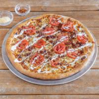 Chicken Bacon Ranch Specialty Pizza · Chicken breast, bacon, tomatoes drizzled with ranch sauce.