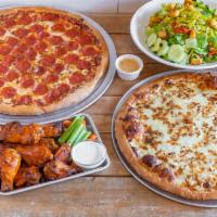 Combo #2 · Feeds approximately five to seven. One large and one medium one-two topping pizza, 12 wings ...