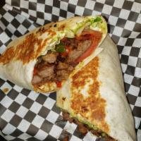 Cheeseburger Wrap  · Mayo, lettuce, tomatoes, red and green bell peppers, cheddar cheese and a seasoned beef burg...