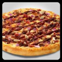 BBQ Chicken Pizza · Chicken, bacon, red onions, homemade BBQ sauce and cheese. 